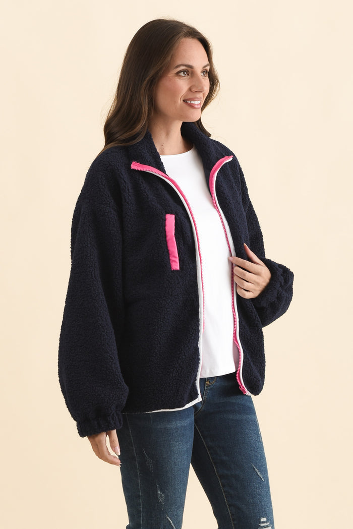 Jayne Navy Contrast Fleece Jacket,Brunette model,alt text|model:MJ