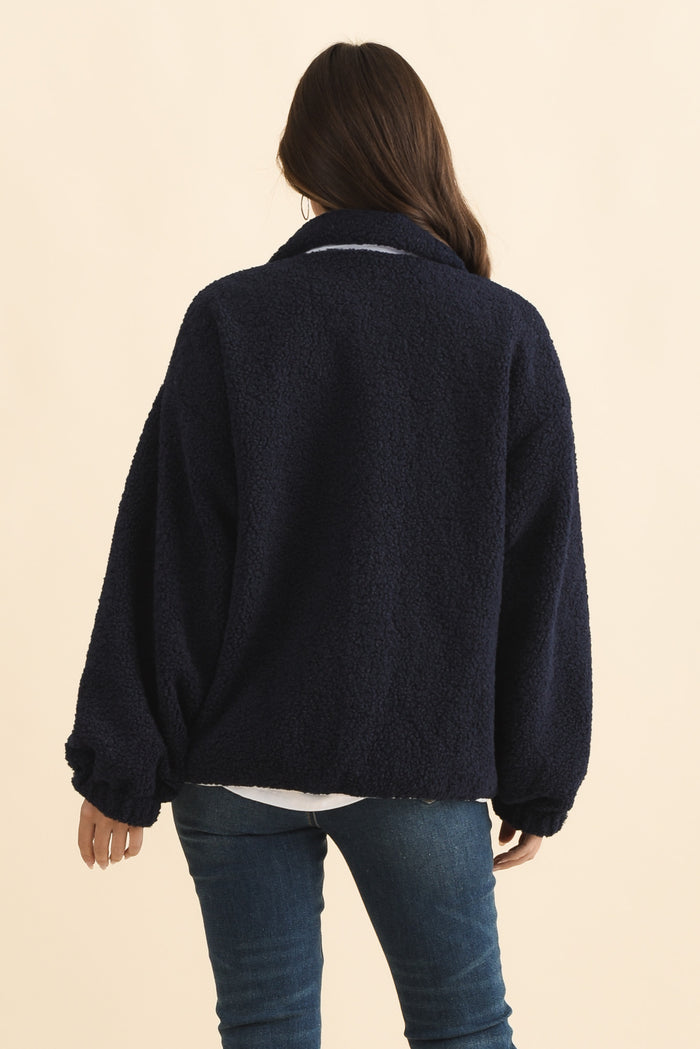Jayne Navy Contrast Fleece Jacket,Brunette model,alt text|model:MJ