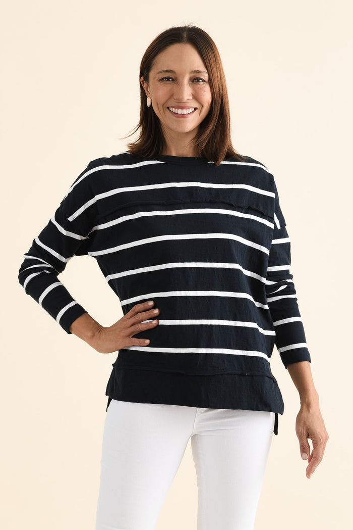 Jayne Navy Stripe Cotton Throw On Top,brunette model,Front of Outfit,alt text|model:Cara