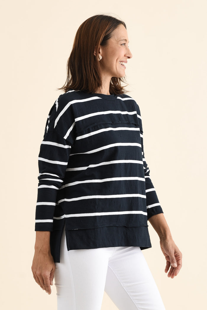 Jayne Navy Stripe Cotton Throw On Top,brunette model,Side of Outfit,alt text|model:Cara