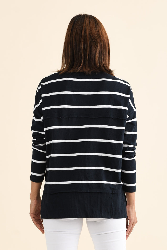 Jayne Navy Stripe Cotton Throw On Top,brunette model,Back of Outfit,alt text|model:Cara