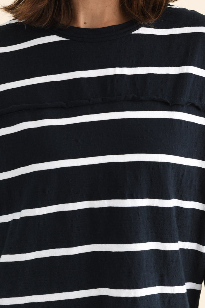Jayne Navy Stripe Cotton Throw On Top,brunette model,Close up of outfit,alt text|model:Cara