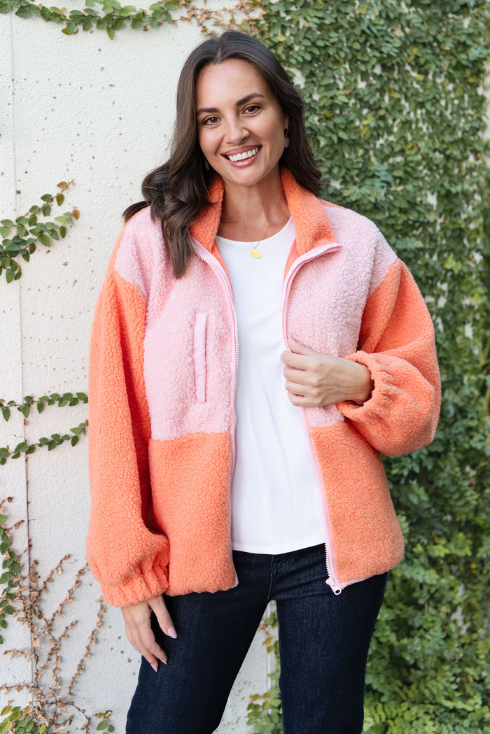 Jayne Orange Contrast Fleece Jacket,Lifestyle