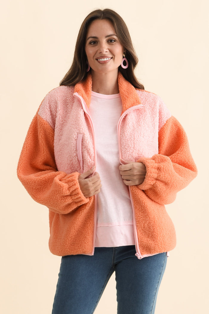 Jayne Orange Contrast Fleece Jacket,Brunette model,alt text|model:MJ