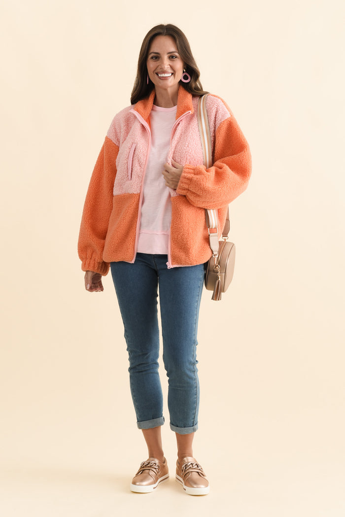Jayne Orange Contrast Fleece Jacket,Brunette model,alt text|model:MJ