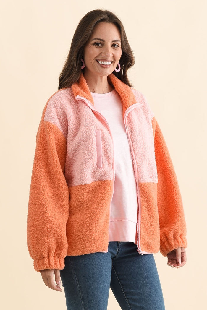 Jayne Orange Contrast Fleece Jacket,Brunette model,alt text|model:MJ