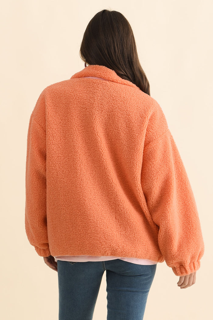 Jayne Orange Contrast Fleece Jacket,Brunette model,alt text|model:MJ
