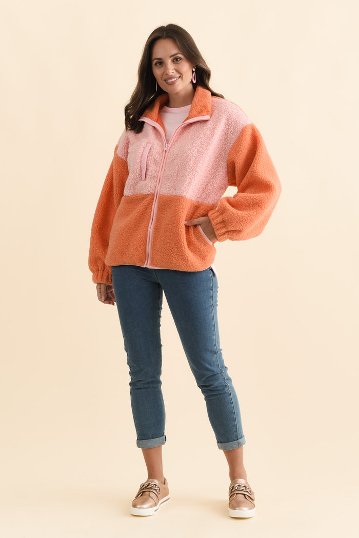 Jayne Orange Contrast Fleece Jacket,Brunette model,alt text|model:MJ