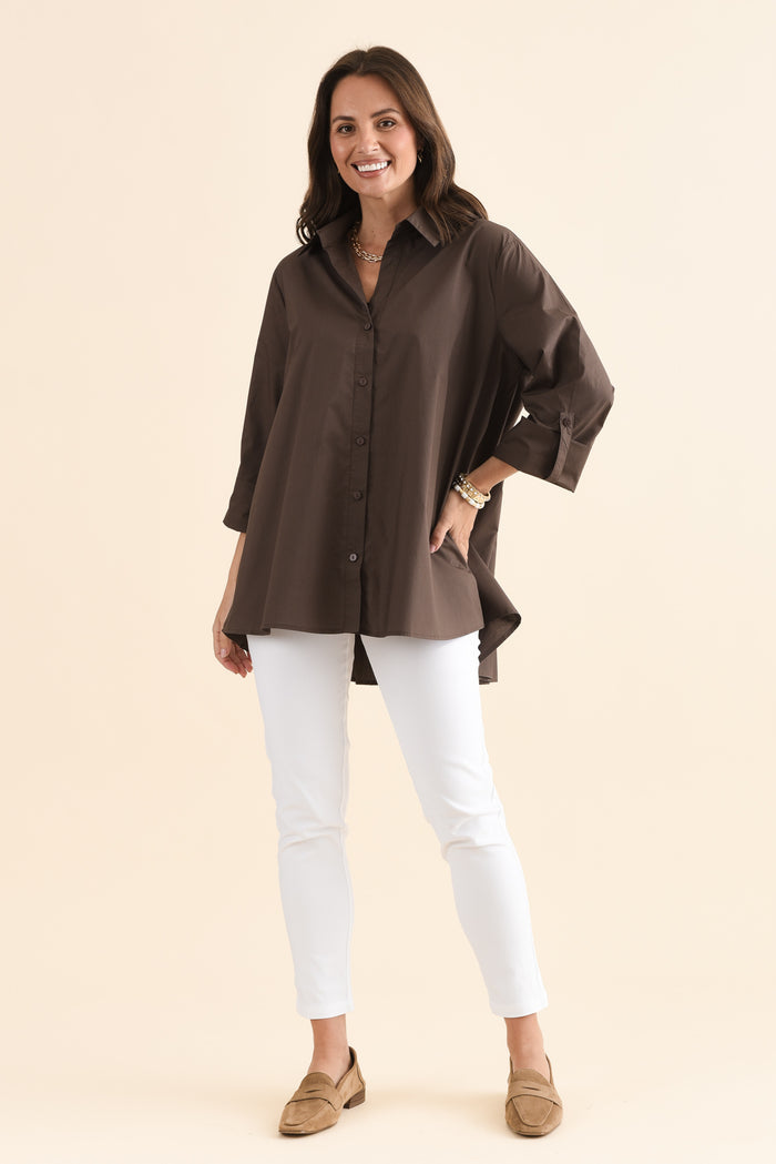 Jeanie Chocolate Cotton Pleated Shirt,Full Body,Brunette model,alt text|model:MJ