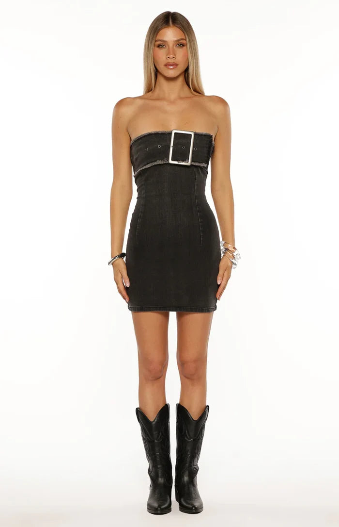 Jengi Black Washed Denim Buckle Strapless Mini Dress