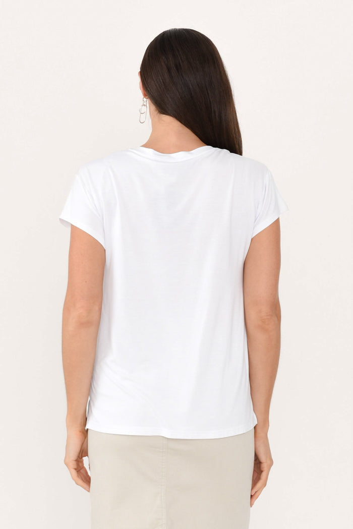 Jenkins White Modal Tee,Brunette model,alt text|model:Elouise