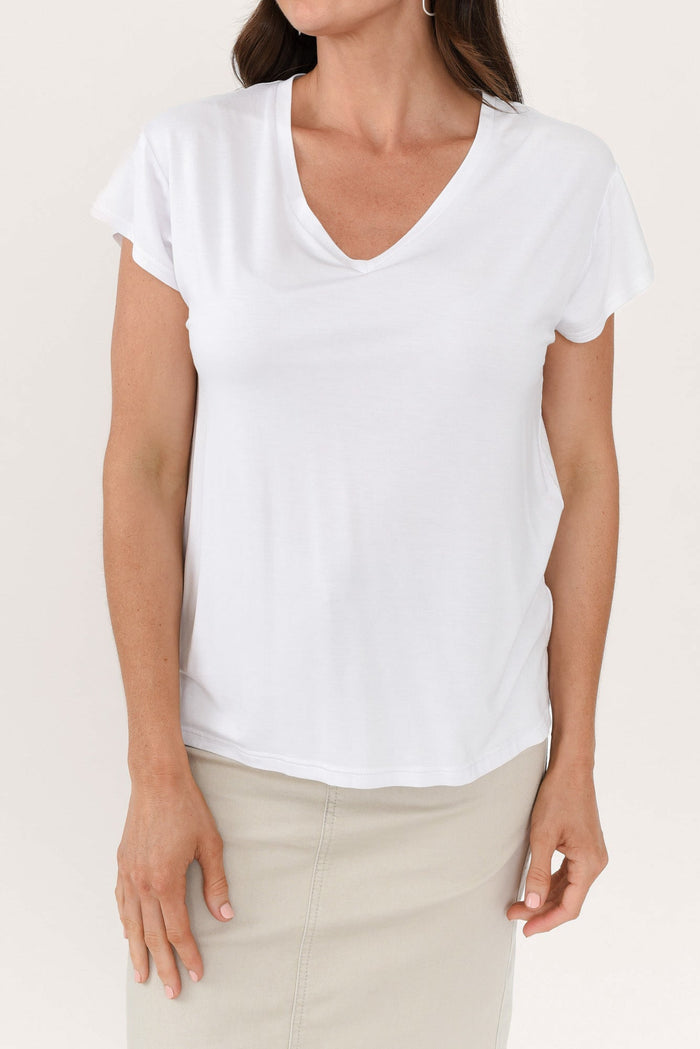 Jenkins White Modal Tee,Brunette model,alt text|model:Elouise