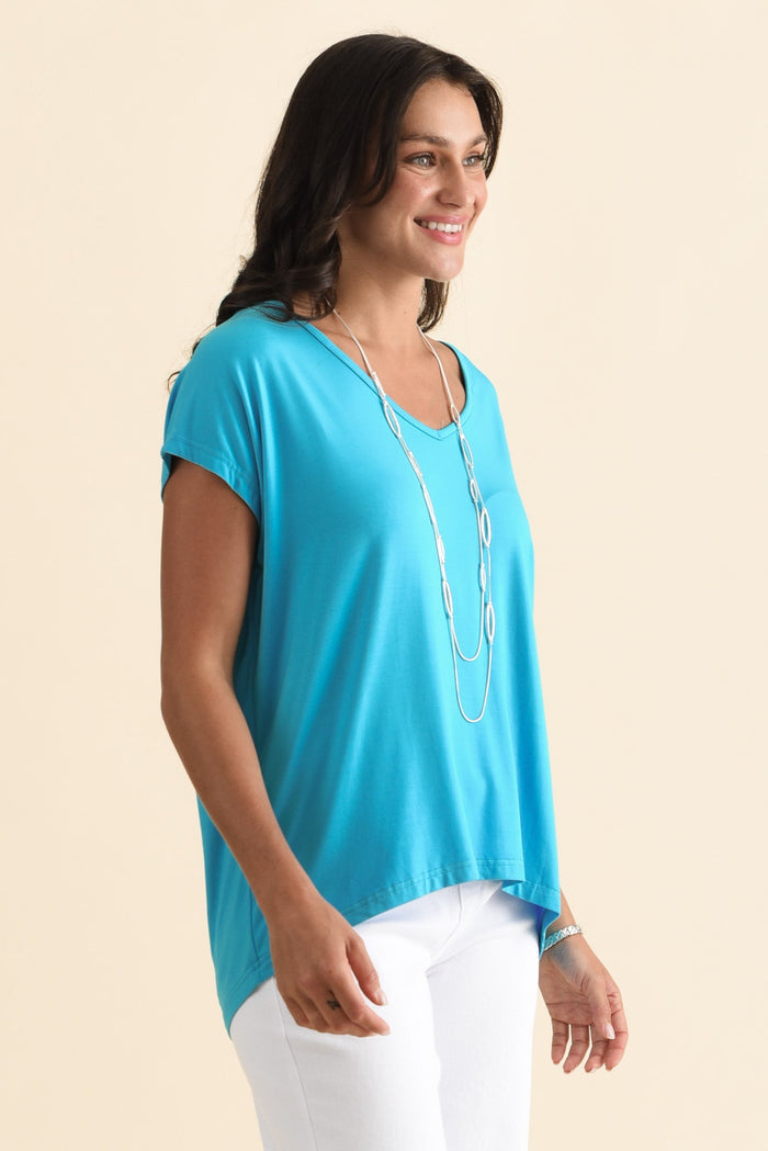 Jenner Blue V Neck Tee,Brunette model,alt text|model:Brontie