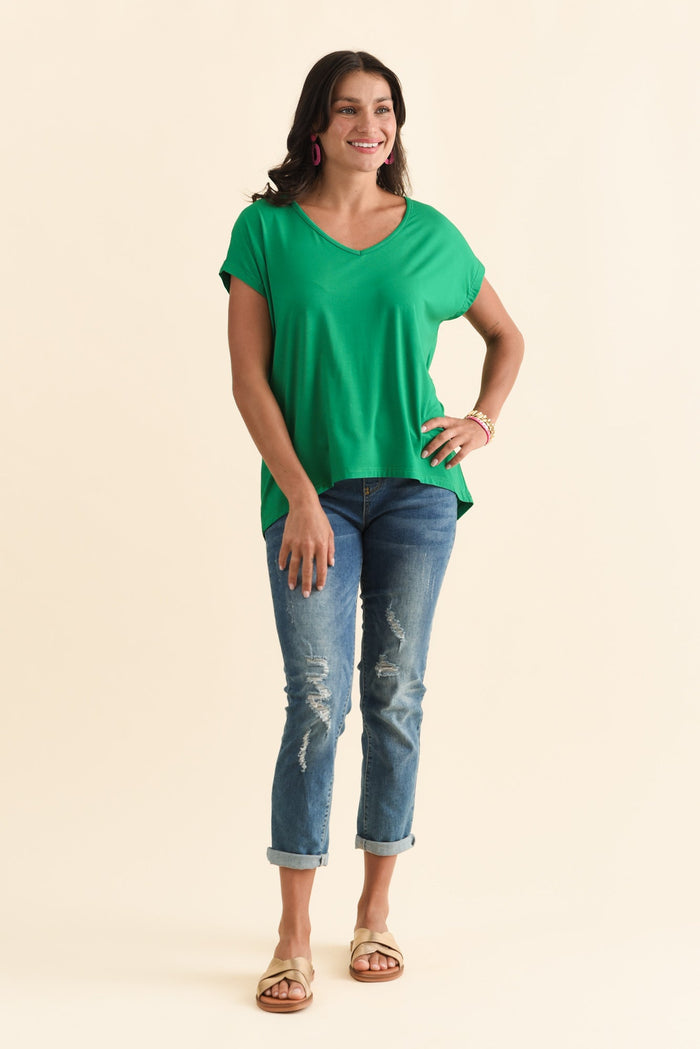 Jenner Green V Neck Tee,Brunette model,alt text|model:Brontie