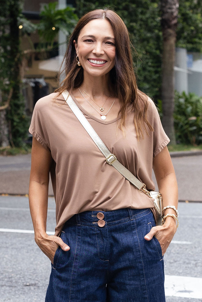 Jenner Mocha V Neck Tee,Lifestyle
