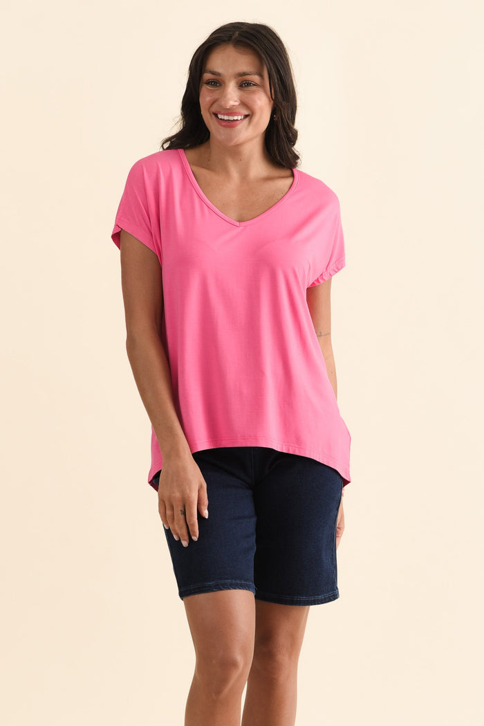 Jenner Pink V Neck Tee,Brunette model,alt text|model:Brontie