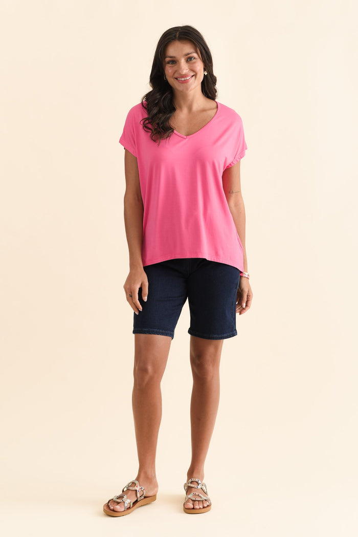 Jenner Pink V Neck Tee,Brunette model,alt text|model:Brontie
