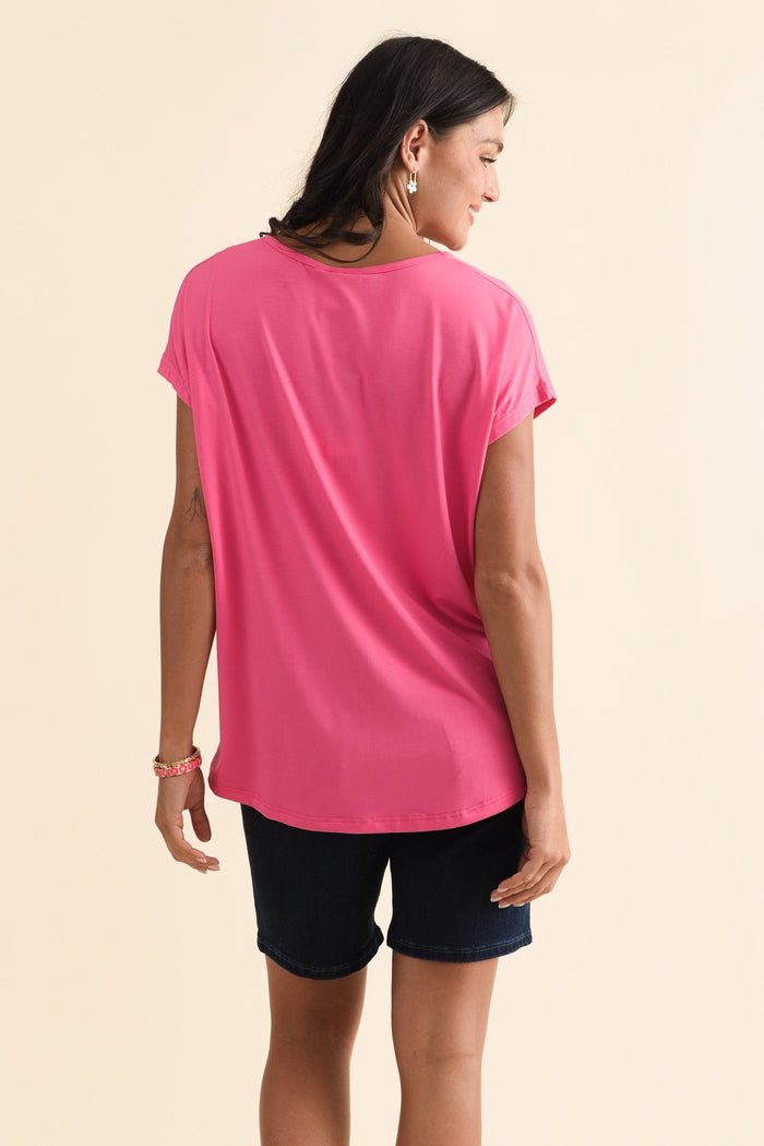 Jenner Pink V Neck Tee,Brunette model,alt text|model:Brontie