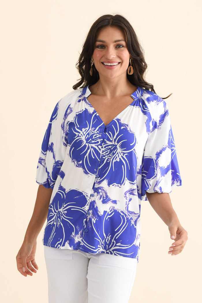 Jewel Cobalt Flower Puff Sleeve Blouse,Brunette model,alt text|model:Brontie