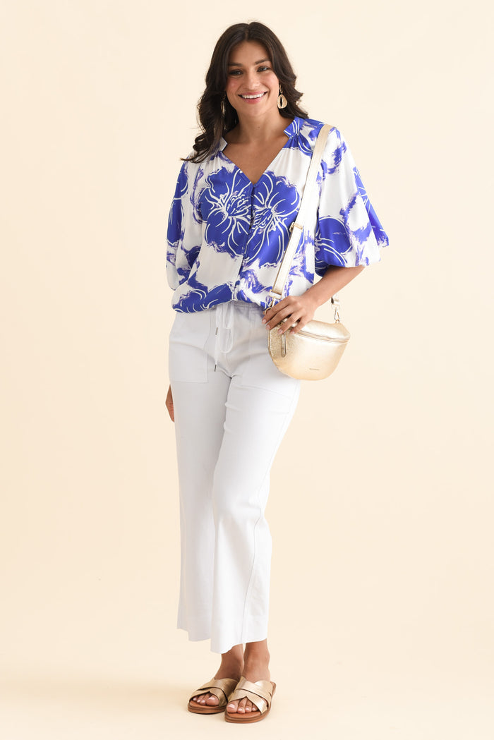 Jewel Cobalt Flower Puff Sleeve Blouse,Brunette model,alt text|model:Brontie