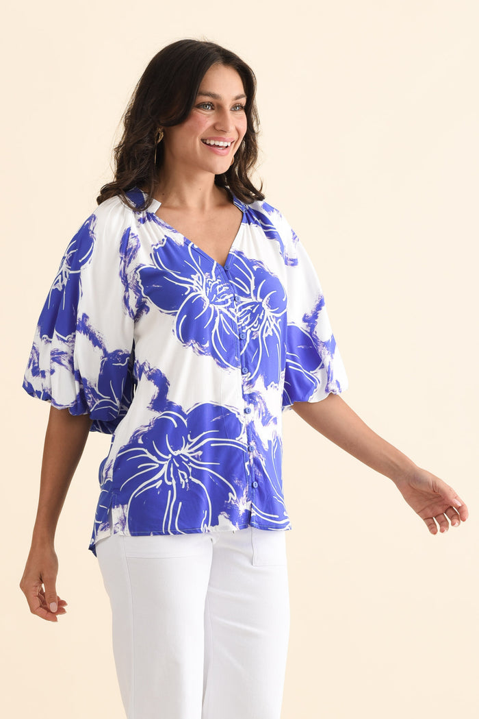 Jewel Cobalt Flower Puff Sleeve Blouse,Brunette model,alt text|model:Brontie