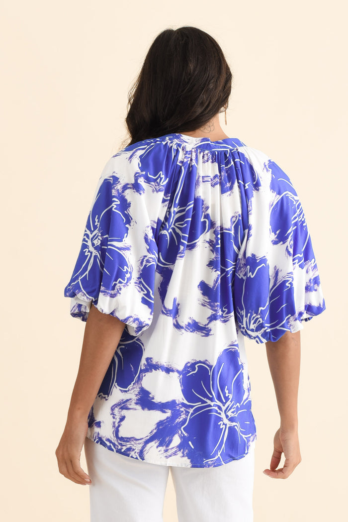Jewel Cobalt Flower Puff Sleeve Blouse,Brunette model,alt text|model:Brontie