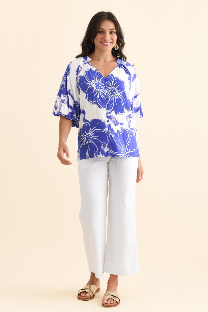 Jewel Cobalt Flower Puff Sleeve Blouse,Brunette model,alt text|model:Brontie