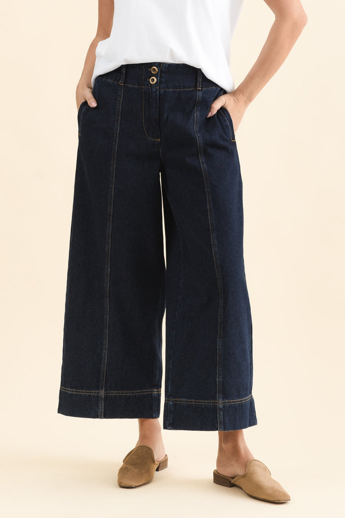 Jocelyn Dark Blue Wide Leg Jeans,Front,Brunette model,alt text|model:MJ