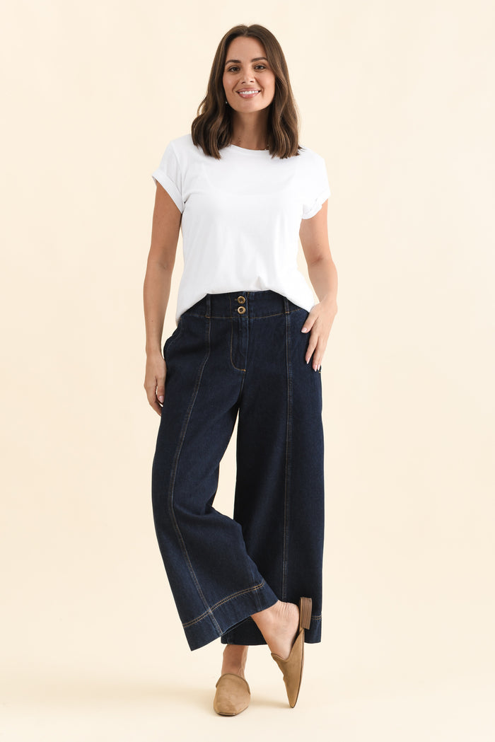 Jocelyn Dark Blue Wide Leg Jeans,Full Body,Brunette model,alt text|model:MJ