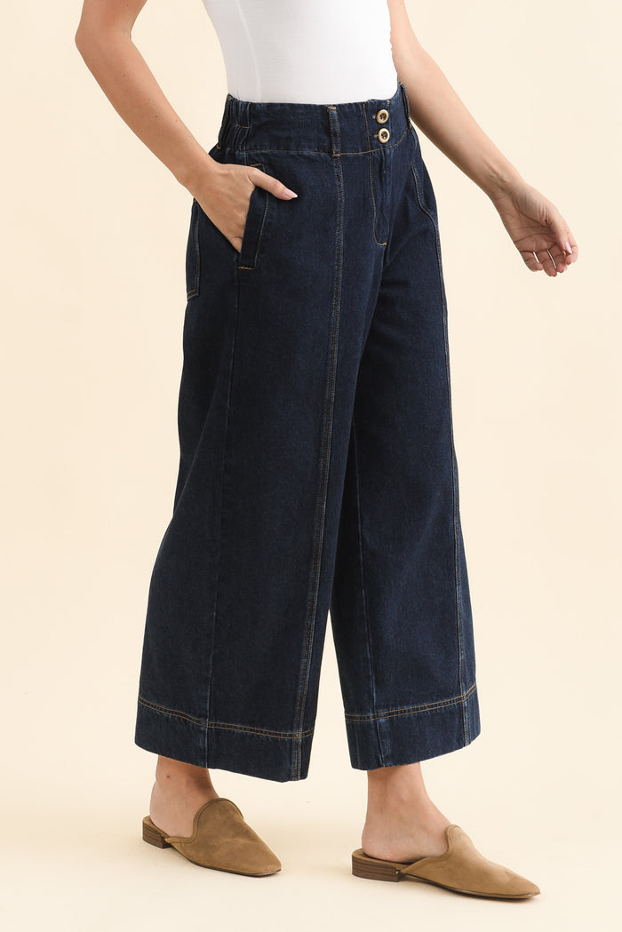 Jocelyn Dark Blue Wide Leg Jeans,Side,Brunette model,alt text|model:MJ