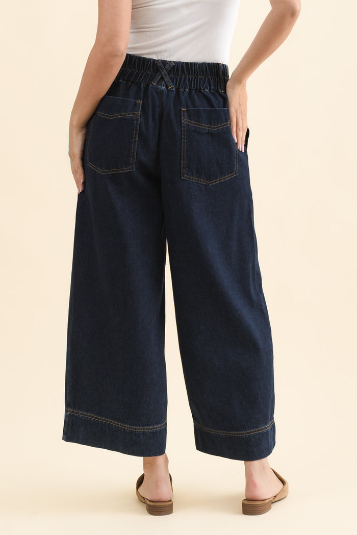 Jocelyn Dark Blue Wide Leg Jeans,Back,Brunette model,alt text|model:MJ