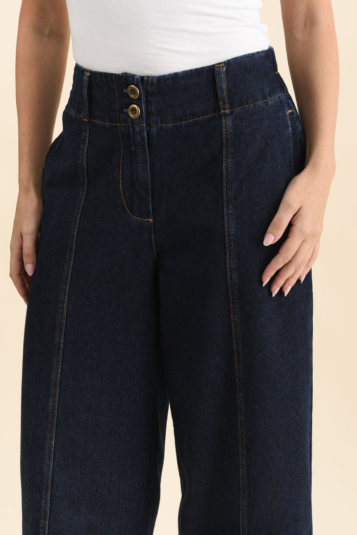 Jocelyn Dark Blue Wide Leg Jeans,Detail,Brunette model,alt text|model:MJ