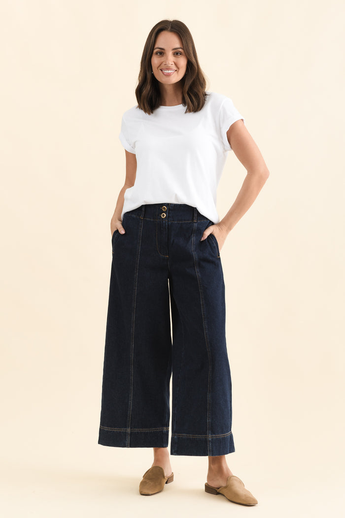 Jocelyn Dark Blue Wide Leg Jeans,Full Body,Brunette model,alt text|model:MJ