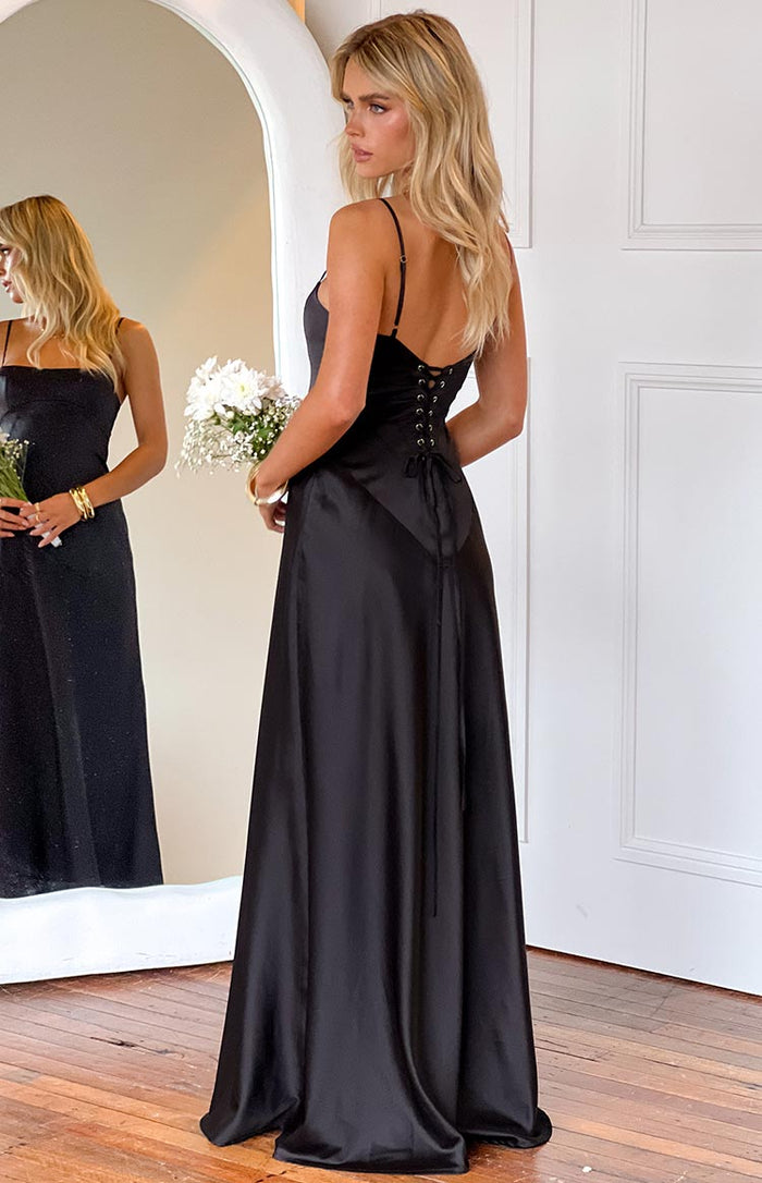 Beginning Boutique Joey Black Maxi Dress black satin maxi dress with spaghetti straps and a lace-up corset back