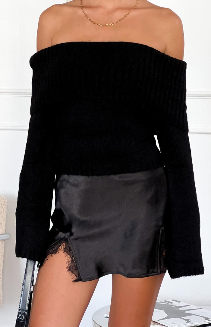 Beginning Boutique Joey Black Off Shoulder Sweater black ribbed knit off-shoulder sweater with long sleeves