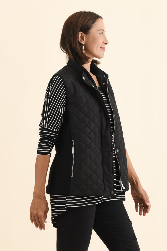Joey Black Puffer Vest,Brunette model,alt text|model:Cara