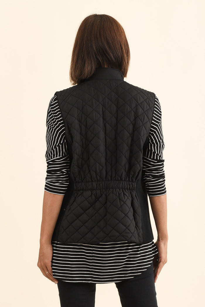 Joey Black Puffer Vest,Brunette model,alt text|model:Cara