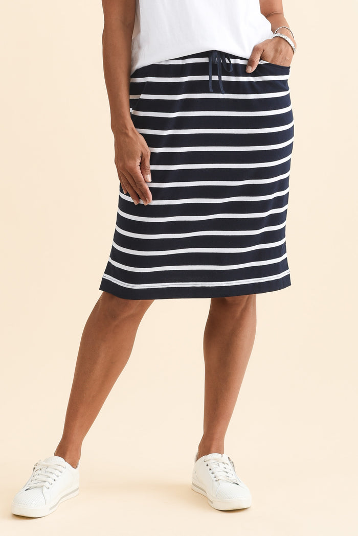 Johnnie Navy Stripe Cotton Drawstring Skirt,Brunette model,alt text|model:Cara