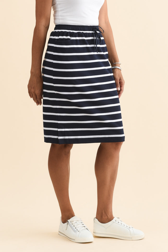 Johnnie Navy Stripe Cotton Drawstring Skirt,Brunette model,alt text|model:Cara
