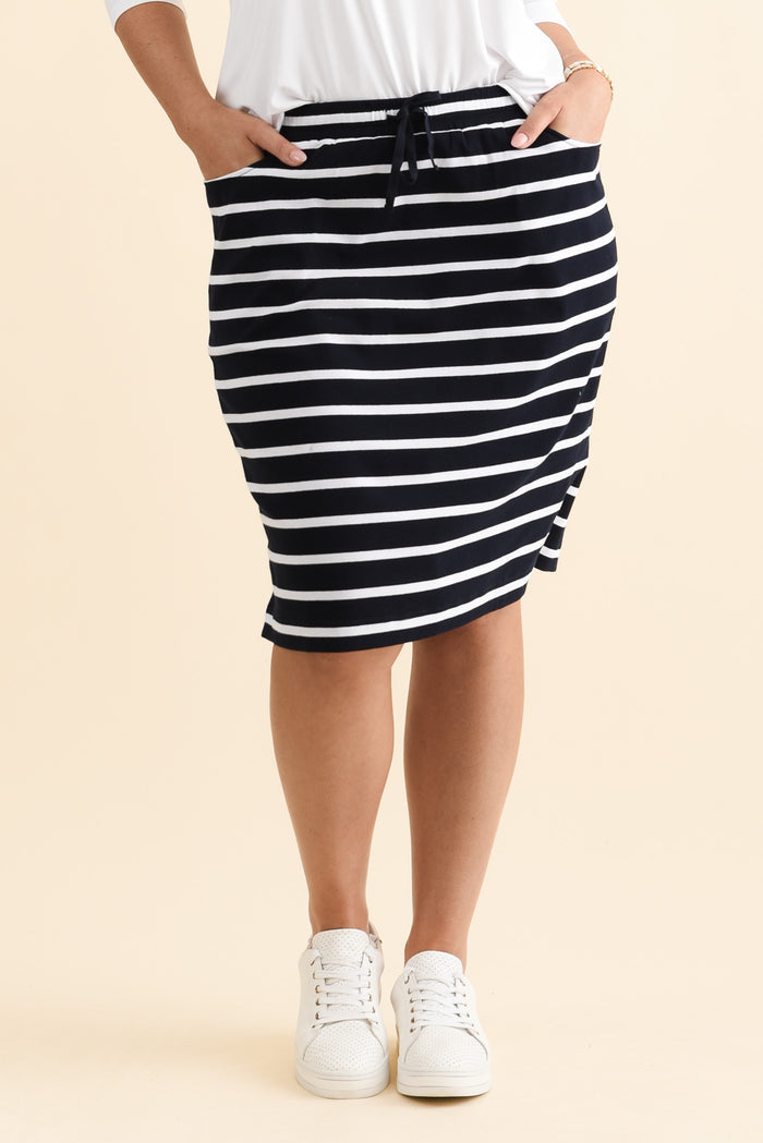 Johnnie Navy Stripe Cotton Drawstring Skirt,Brunette model,alt text|model:Emilia