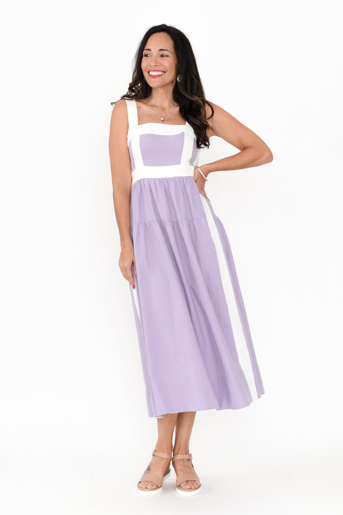 Jolie Purple Trim Cotton Blend Dress,Brunette model,alt text|model:Nicole