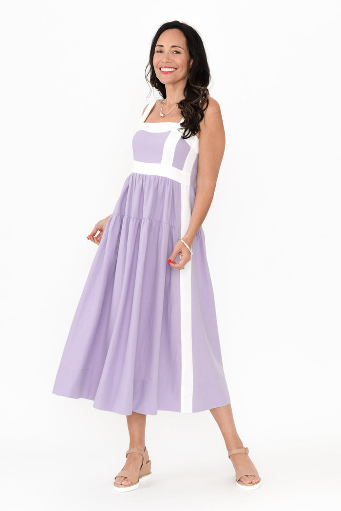 Jolie Purple Trim Cotton Blend Dress,Brunette model,alt text|model:Nicole