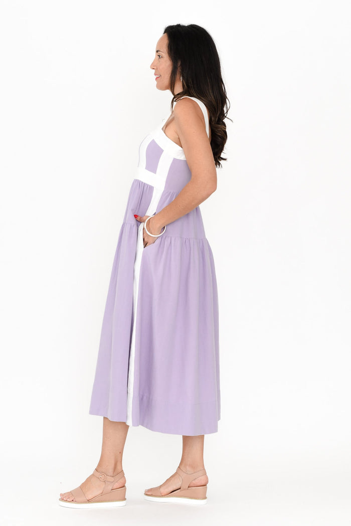 Jolie Purple Trim Cotton Blend Dress,Brunette model,alt text|model:Nicole