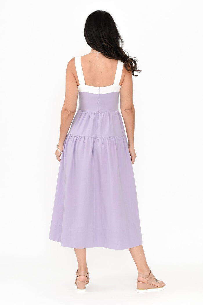 Jolie Purple Trim Cotton Blend Dress,Brunette model,alt text|model:Nicole