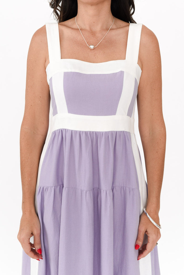 Jolie Purple Trim Cotton Blend Dress,Brunette model,alt text|model:Nicole