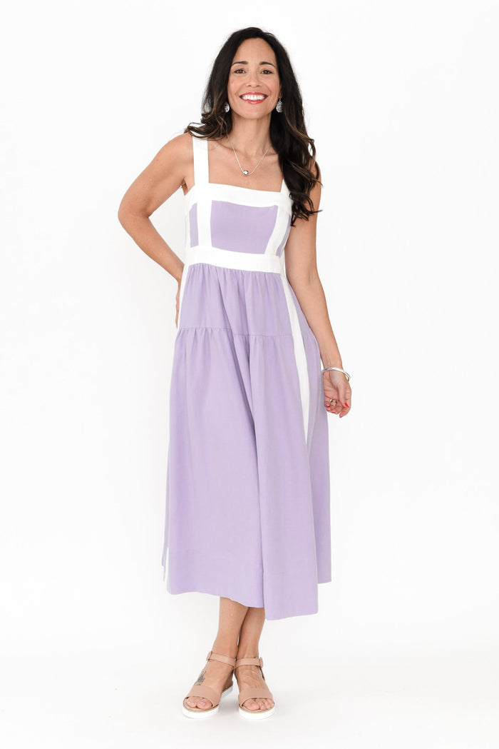 Jolie Purple Trim Cotton Blend Dress,Brunette model,alt text|model:Nicole