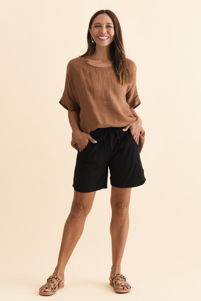Jonah Black Cotton Drawstring Shorts,Brunette model,alt text|model:Cara