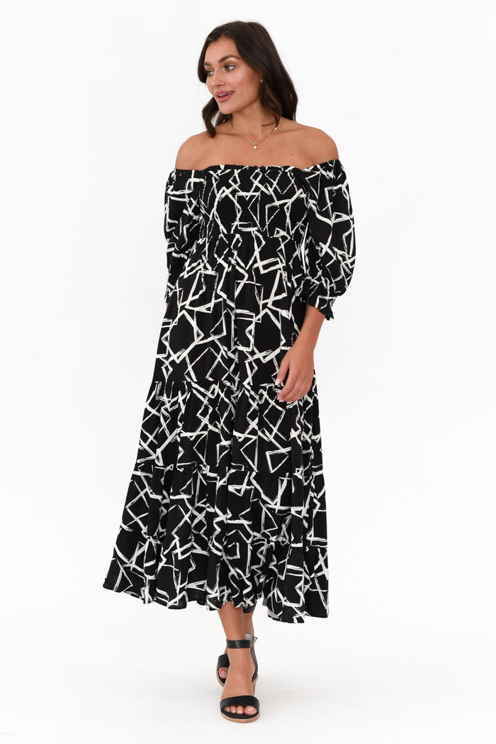 Jonathan Black Geo Shirred Maxi Dress,Brunette model,alt text|model:Brontie