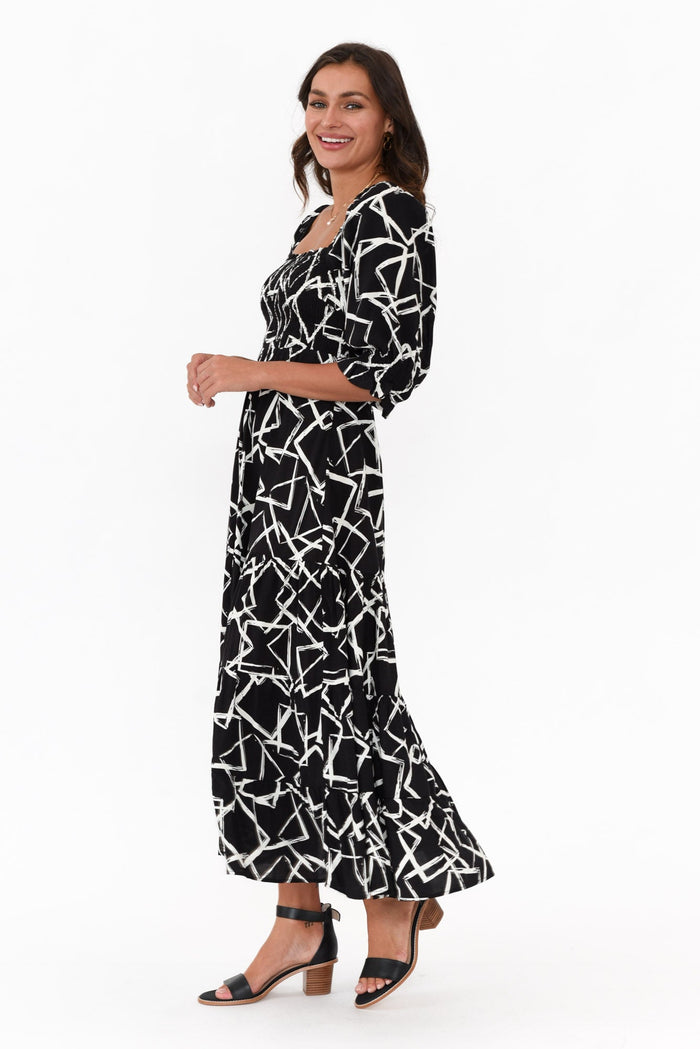 Jonathan Black Geo Shirred Maxi Dress,Brunette model,alt text|model:Brontie