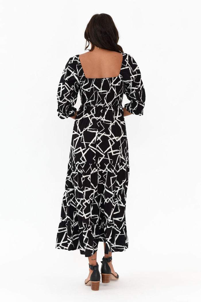 Jonathan Black Geo Shirred Maxi Dress,Brunette model,alt text|model:Brontie